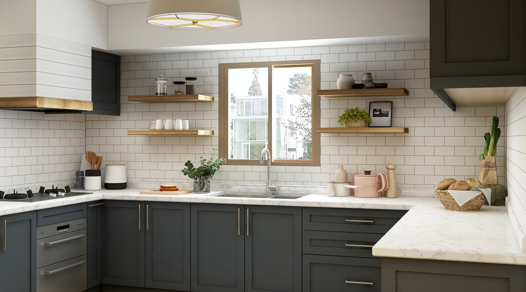 Kitchen with grey cupboards and white tiling
